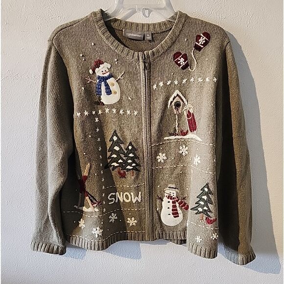 Croft & Barrow Pale Green Snowman Winter Zip Cardigan Sweater Large Petite - Picture 1 of 5